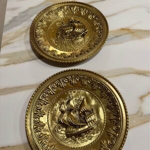 ART- Set of 2 Vintage MCM Brass Embossed Nautical Plates.